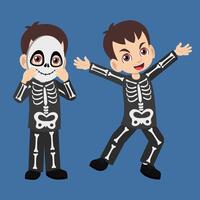 glücklich süß Kind Junge im Skelett Kostüm und Schädel Maske feiern Festival Halloween vektor