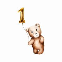 Aquarell süß Karikatur Teddy Bär mit golden vereiteln Ballon Nummer 1 auf ein Schnur. Hand gezeichnet Baby Illustration isoliert auf Weiß Hintergrund. schön Spielzeug zum Baby und Kinder Neu geboren Feier, desig vektor