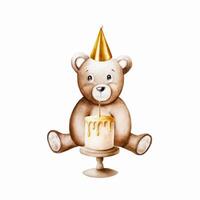 Aquarell süß Karikatur Teddy Bär mit golden Geburtstag, Urlaub Deckel und Kuchen mit golden Kerze auf ein Holz Stand. Hand gezeichnet Baby Illustration isoliert auf Weiß Hintergrund. schön Spielzeug zum b vektor