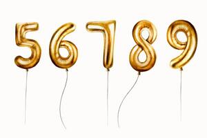 vattenfärg uppsättning av gyllene folie ballonger siffror 5-9. hand dragen födelsedag fest tal fem, sex, sju, åtta, nio på sticker för dekoration isolerat på vit bakgrund. skinande element för designers, vektor