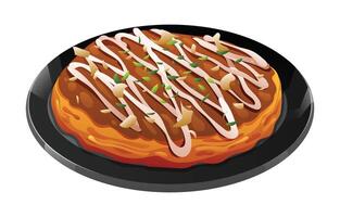 Illustration von okonomiyaki nieselt mit Soße und garniert auf ein schwarz Platte. japanisch Essen isoliert auf Weiß Hintergrund vektor