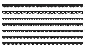 überbacken Kante Rand Rüschen- Schlaganfall Teiler schwarz Silhouette Streifen, Band Sammlung isoliert auf Weiß Hintergrund. traditionell einfach Ornament mit Kreise, Stickerei Schleife. vektor