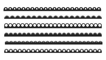 überbacken Kante Rand Rüschen- Schlaganfall Teiler schwarz Silhouette Streifen, Band Sammlung isoliert auf Weiß Hintergrund. traditionell einfach Ornament mit Kreise, Stickerei Schleife. vektor