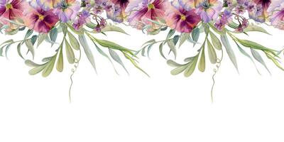 Hand gezeichnet Aquarell Illustration Boho botanisch Blumen Blätter. Stiefmütterchen Viola, Weide Eukalyptus Zweig, Bergenia Heliotrop, Ranken. nahtlos Banner isoliert Weiß. Design Hochzeit Suite, Liebe Karten vektor