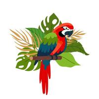 Papagei auf ein Hintergrund von tropisch Geäst im ein eben Stil. Komposition von tropisch Pflanzen und tropisch Vogel. vektor