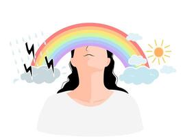 ein Frau mit das Regenbogen zwischen Sturm Wolke und glänzend Wolke, mental Gesundheit Konzept. vektor