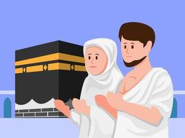 muslimische menschen beten vor kaba, hajj und umrah feier islam religion im karikaturillustrationsvektor vektor