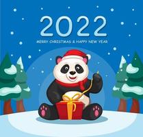 Weihnachts- und Neujahrsfeier 2022 mit offenem Geschenkbox-Karikaturillustrationsvektor des Pandas vektor