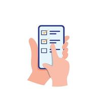 Hand hält Smartphone-Touchscreen als Online-Umfrage und Überprüfung, Online-Kundenfeedback für Unternehmen. Cartoon flacher Illustrationsvektor isoliert auf weißem Hintergrund vektor