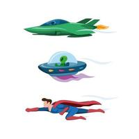 Düsenflugzeug, Ufo und Superheld, die schnell Sammlungsikone fliegen, stellte im flachen Illustrationsvektor der Karikatur lokalisiert in weißem Hintergrund ein vektor