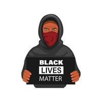 Demonstrant Mann trägt Hoddie und Maske mit Schild schwarzes Leben Materie Symbol im Cartoon Illustration Vektor auf weißem Hintergrund