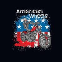 skelett på de motorcykel och flagga av usa, grunge.vintage design t-tröjor vektor