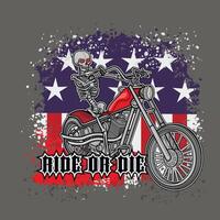 skelett på de motorcykel och flagga av usa, grunge.vintage design t-tröjor vektor