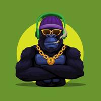 Gorilla King Kong Affe mit Headset und goldener Halskette Maskottchen Charakter Illustration Vektor