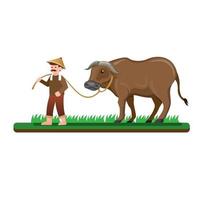Bauernmann, der mit seinem Büffel zum Reisfeld geht, asiatische Leutetätigkeit in der Landschaft. Cartoon flacher Illustrationsvektor isoliert in weißem Hintergrund vektor