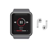 Smartwatch-Musikplayer mit kabellosem Kopfhörer. Bearbeitbarer Vektor der realistischen Mockupschablonenillustration lokalisiert in weißem Hintergrund