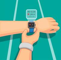 Menschen, die auf der Joggingstrecke laufen, tragen Smartwatch, Sportgeräte mit Gesundheitsinformationen im mobilen Gerät. Konzept im Cartoon-Illustrationsvektor vektor