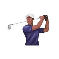 idrottsman golf karaktär maskot symbol. mörk hud man swing golfpinne koncept i tecknad illustration vektor isolerad på vit bakgrund