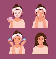 Schönheitsmaske Hautpflege und Gesichtswaschprodukt Anweisung Symbol Zeichensatz Illustration Vektor