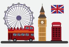 Flache Illustration mit London Eye, rotem Bus-Doppeldecker, Telefonzelle und anderen Symbolen von London, England, Großbritannien vektor