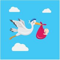 Storch mit Baby, Vogelfliegen liefern neugeborenen menschlichen Cartoon-Illustrationsvektor vektor