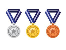 Gold-Silber-Bronze-Medaillen im flachen Stil Icon Set Vektor