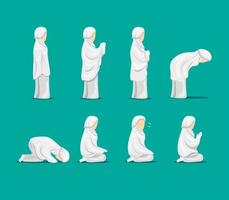 muslimische weibliche beten Position Schritt Anweisung Symbol Icon Set. Konzept im Cartoon-Illustrationsvektor vektor