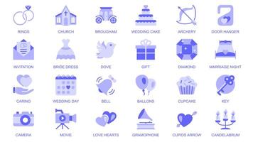bröllop webb ikoner uppsättning i duotone platt design. packa piktogram med ringar, kyrka, Brougham, kaka, bågskytte, inbjudan, brud klänning, duva, gåva, kärlek hjärtan, äktenskap natt, Övrig. illustration. vektor