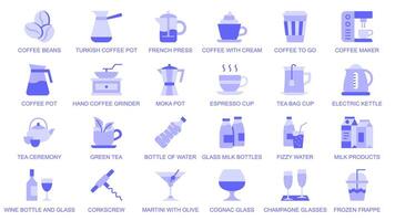 Trinken Utensilien Netz Symbole einstellen im Duotone eben Design. Pack Piktogramme mit Kaffee Bohnen, Türkisch Topf, Sekt, Hand Schleifer, Espresso, Tee Tasche, elektrisch Wasserkocher, Wein, andere. Illustration. vektor