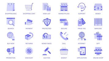 e-handel webb ikoner uppsättning i duotone platt design. packa piktogram med handla väska, önskelista, marknad, Stöd, pengar, betalning, pris märka, streckkod, befordran, rabatt, Övrig. illustration. vektor