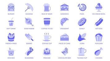 snabb mat webb ikoner uppsättning i duotone platt design. packa piktogram med hamburgare, korv, öl, smörgås, pizza, is grädde, mjuk dryck, kebab, kaffe, croissant, munk, kaka, Övrig. illustration. vektor