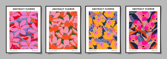 einstellen von abstrakt groovig Blumen- Plakate. modisch botanisch Mauer Kunst mit Blume Design drucken im beschwingt Farben. modern naiv zum Innere Dekor, Abdeckung, Karte, Vorlage, Banner, Hintergrund und Hintergrund. vektor