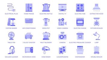 Haushalt Haushaltsgeräte Netz Symbole einstellen im Duotone eben Design. Pack Piktogramme mit elektrisch Stecker, Zuhause Kühlschrank, Wasserkocher, Fernseher, Extraktor Haube, Kaffee Hersteller, Kamera, Toaster, andere. Illustration. vektor