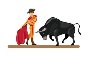 Spanischer traditioneller Attraktionsbulle und Matador im flachen Illustrationsvektor der Karikatur lokalisiert in weißem Hintergrund vektor
