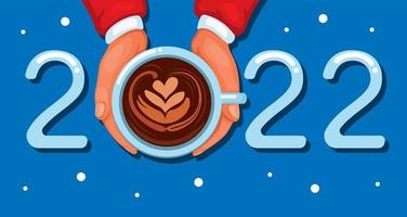 2022 guten Rutsch ins Neue Jahr und Weihnachtsgrußfeier mit der Weihnachtsmannhand, die Kaffeekarikaturillustrationsvektor hält vektor
