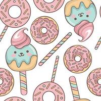 Muster Design von Donuts und Süßigkeiten im Pastell- Farben. herrlich Donuts mit Sträusel und charmant Süßigkeiten im Sanft Farbtöne erstellen ein wunderlich und Süss Muster perfekt zum irgendein Gelegenheit. vektor