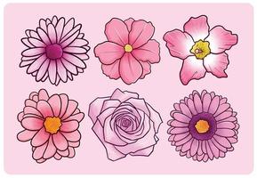 vacker rosa blomma samling i tecknad stil vektor