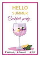 Sommer- Banner Cocktail Party Einladung. Strand Feiertage, Sommer- Party, Cafe und Bar Konzept. Cocktail und Scheibe von Zitrone, Minze und Blaubeere. Hand gezeichnet Illustration vektor