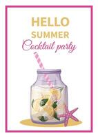 Sommer- Banner Cocktail Party Einladung. Strand Feiertage, Sommer- Party, Cafe und Bar Konzept. traditionell Limonade mit Zitronen, Eis und Minze. Sternenwunsch. Hand gezeichnet Illustration vektor