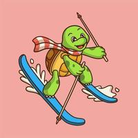 Cartoon Tier Design Schildkröte Eis Skifahren niedliches Maskottchen Logo vektor