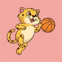 Cartoon-Tier-Design-Leopard, der Basketball niedliches Maskottchen-Logo spielt vektor