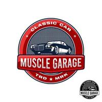 ein kreisförmig Logo zum Muskel Garage, ein klassisch Auto-Themen Garage oder Geschäft. vektor