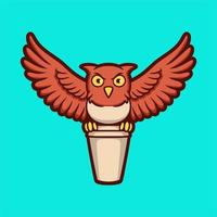 tecknad djurdesign uggla ger en drink kopp söt maskot logotyp vektor