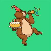 tecknad djurdesign björn firar födelsedag söt maskot logotyp vektor