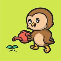 Cartoon-Tier-Design-Eule, die das süße Maskottchen-Logo der Pflanzen gießt vektor
