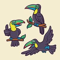 Tukanvogel fliegt und thront auf einem Baumstamm-Tierlogo-Maskottchen-Illustrationspaket vektor