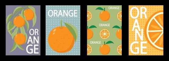 uppsättning av etiketter, posters och pris taggar av frukter, orange i en ljus minimalistisk stil. vektor