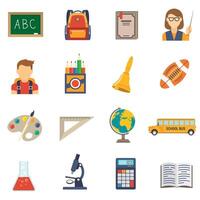 skola leveranser ikoner uppsättning, Inklusive en skola buss, en bok, en penna, en testa, vektor