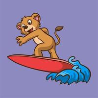 tecknad djurdesign barn lejon surfar söt maskot logotyp vektor
