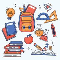 Schule liefert und Bücher mit ein Apfel, ein Buch, ein Bleistift, ein Prüfung Tube und ein vektor